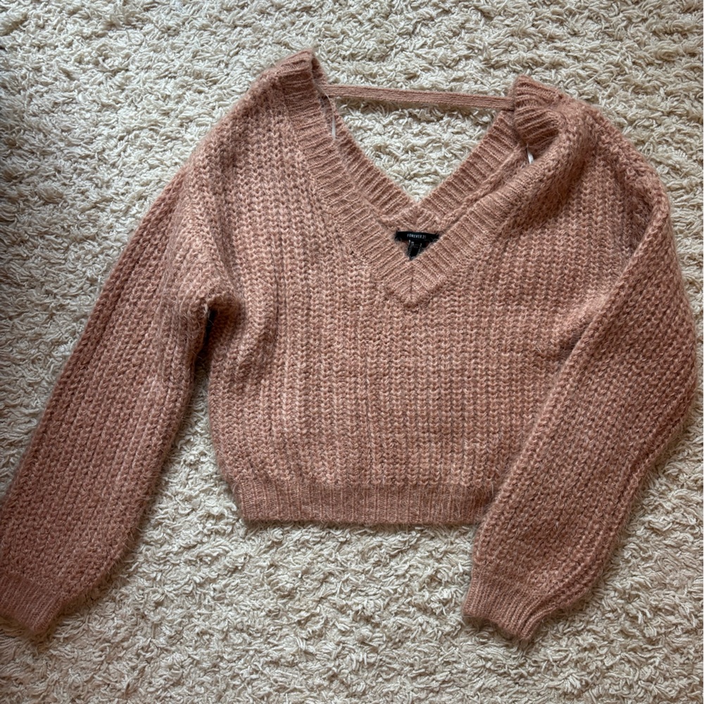 Forever 21 Pink V-Neck Waffle-Knit Sweater